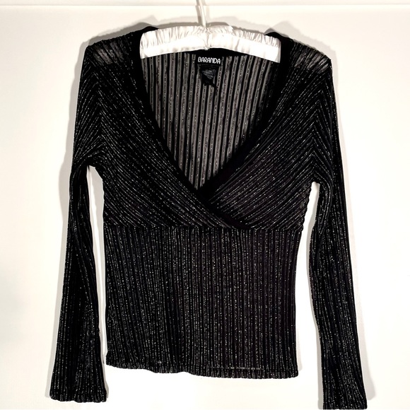 Baranda Black and Silver Faux Wrap Dress Shirt. Long Sleeve Stretchy. Size XL - Picture 7 of 12